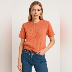 Vintage Goldie Short Sleeve Knit Tee Peachy Keen Embroidered Floral Beaded M